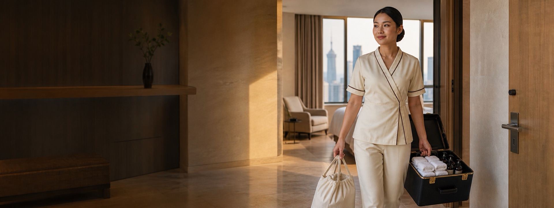 Therapist entering a room with equipment for a home massage