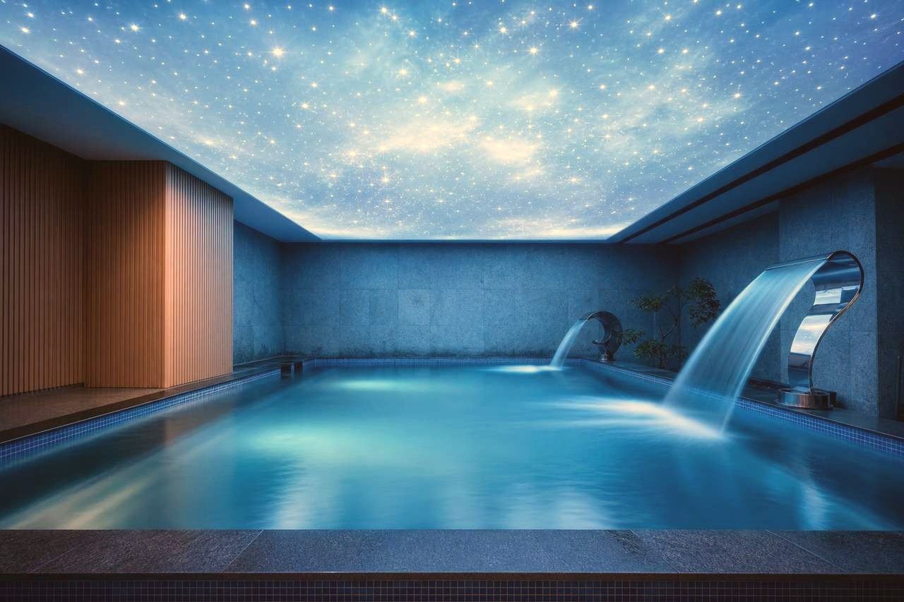 Hot spring pool beneath a starry ceiling